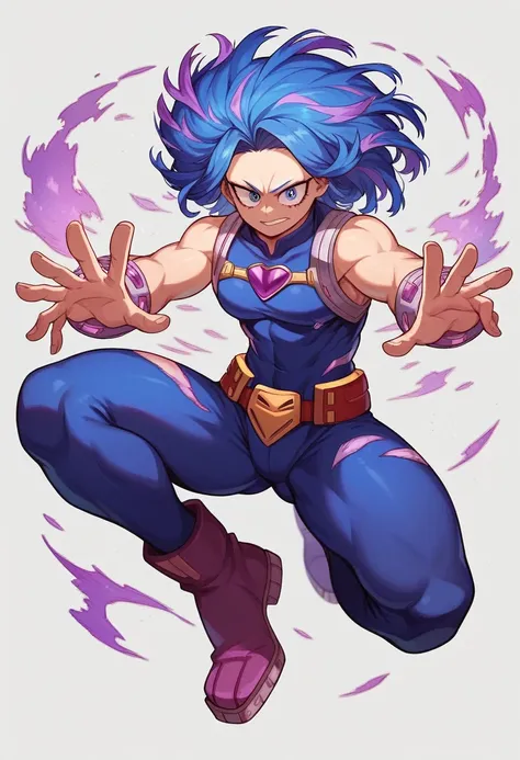 Screenshot of the anime Boku No Hero Academia, my hero academia a powerful villain with a full body, long blue hair, almost black with purple highlights.  , with sapphire blue eyes and purple stained purple villainous eyes with long eyelashes and great pow...