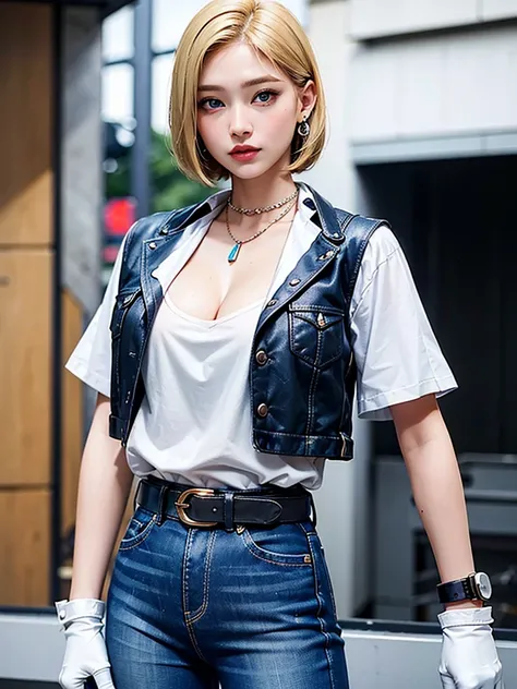 Highest quality, High resolution, And 18, One girl, Android 18, alone, Blonde, blue eyes, belt, jeans, Pearl_necklace, bracelet, Black gloves, White shirt, short hair, Short sleeve, Earrings, Blue pants, Open Vest, Black vest, Large Breasts, Cowboy Shot, s...