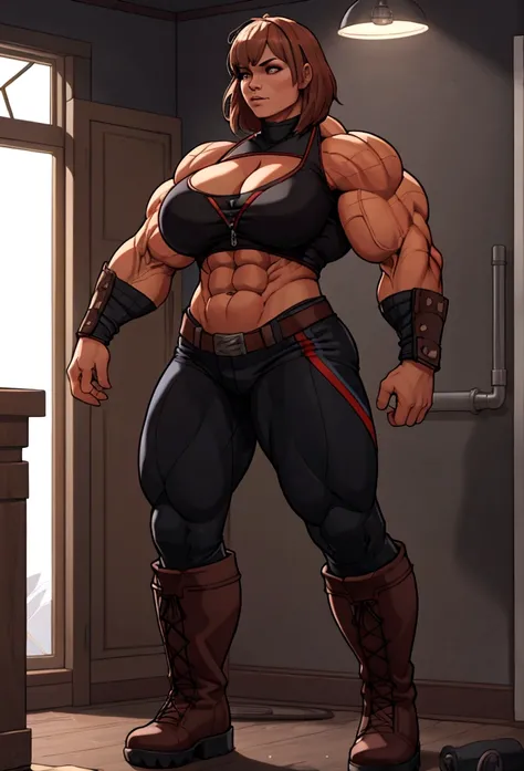 huge mom woman with muscles hard abs full of energy long boots  max life is strange  dark room