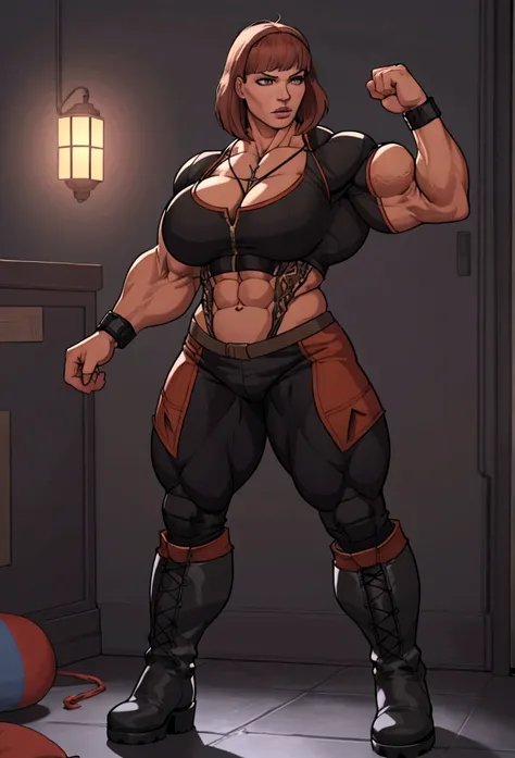 huge mom woman with muscles hard abs full of energy long boots  max life is strange  dark room