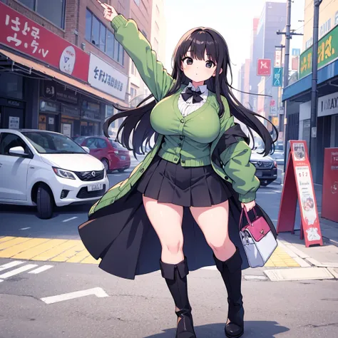 Highest quality, 1girl, solo, large breasts, wide hips, thick thighs, black skirt, green cardigan, white blouse, standing, black hair, black eyes, bangs, long boots