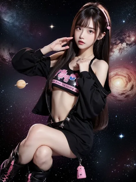 Beautiful woman wearing a dark and pink Wearing  clothes mini dress with decorations on the shirt and visible shoulders and wearing boots and being photographed with a Outer space   background And is on the planet  ,Korean style swag, beautiful face so gor...