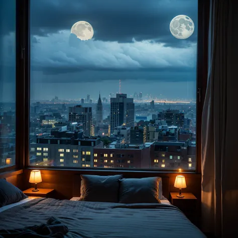 Room with a bed, a large window in its bedroom and a moonlit city, surreal, otherworldly, illustration of a rainy city, beautiful moonlit night with beautiful lighting and realistic proportions, like a movie background, 8k, top quality, masterpiece, sky wi...