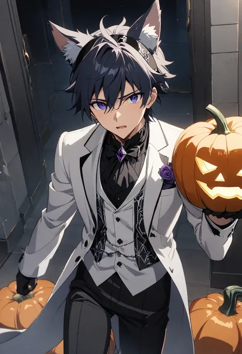 1boy, 25 years old refresh handsome holy knight man,manga,wolf ear headband, wearning tuxedo jacket only and swim wear only,having Halloween pumpkin and wedding bouquet Halloween and dark wedding chapel, middle muscler, knight is fall into darkness, japan ...