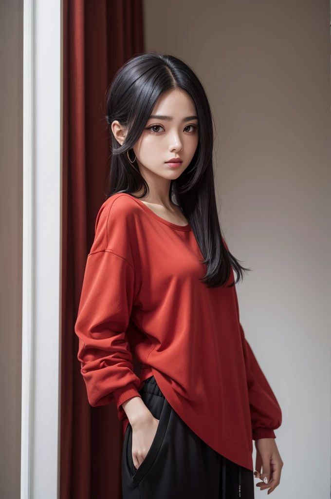 One of 1,52, curtain, slickedback hair, short with black sweatpants and red blouse 