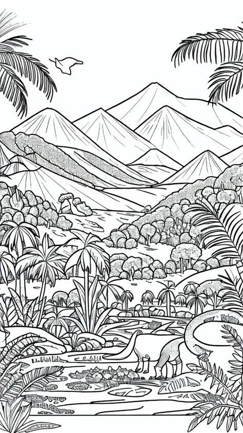 draw coloring book pages in black and white and color, jurassic dinosaurs, simple line, illustration, ink drawing, very visible thick outlines, clean lines, line art, clipart. Dinosaurs run in herds. In the background - mountains, jungle and ocean