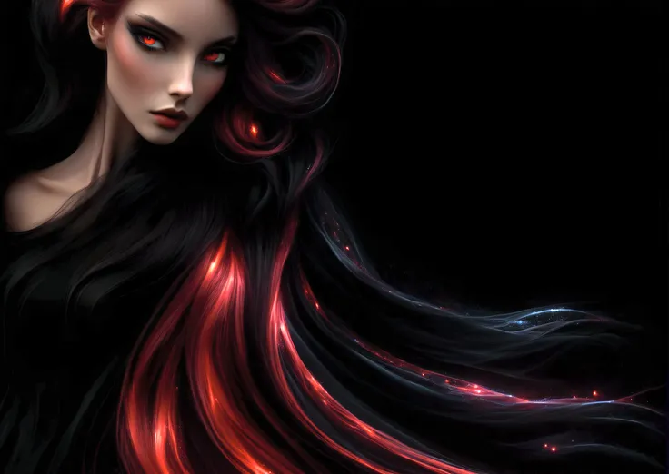 a close up of a woman with long hair and a black background, sultry digital painting, glossy digital painting, epic 3 d abstract...