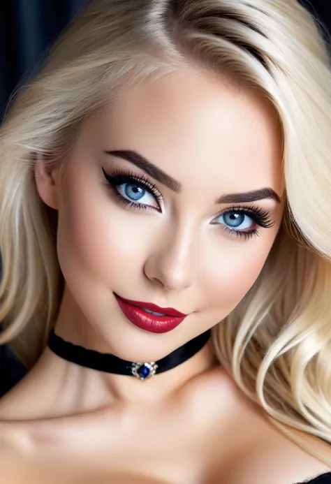 Create an image of the most stunningly gorgeous beautiful perfect sexy youthful woman, absolutely gorgeous face, long luscious eyelashes, black eyeliner, curved eyebrows, perfect makeup, lipstick, perfect complexion, beautiful silky smooth skin, long lusci...