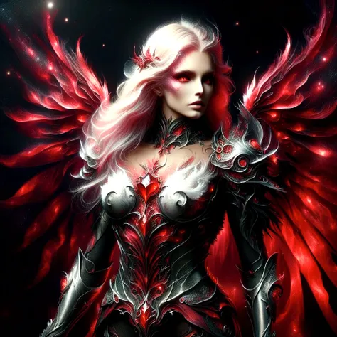 arafed woman in armor with red wings and a black background, angel knight gothic girl, raven winged female vampire, angel knight...