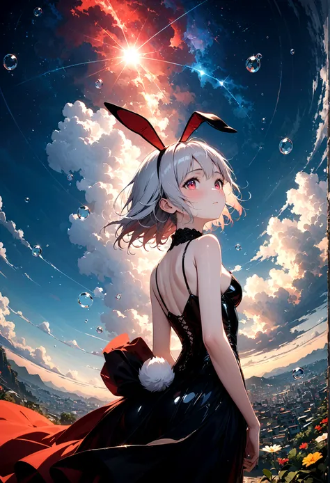 woman(student, ＪＫ, Short silver hair floating, Space-colored eyes, black , Pale skin, Tired face、lack of shine in the eyes) Looking up at the sky, Many cute little goldfish with shining red scales are swimming in the air, Transparent bubbles, like those in...