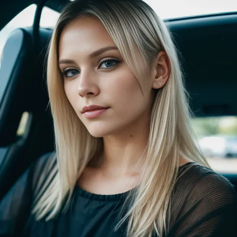 (, front view: 1.4), (Full body: 1.4), RAW UHD portrait photo of a 24-year-old blonde (blue-eyed woman) in a car, hole body, (Decollete), particularities (Textures!, balck hair!, shine, colour!, nattaeile: 1.1), Bright eyes with lots of details (looking at...