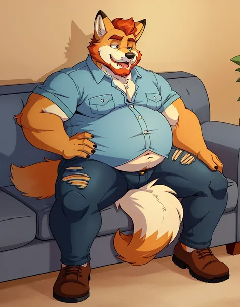 A male chubby anthropomorphic fox with a big belly and a beard , wearing a short sleaved  button up and tight jeans, sitting on a couch