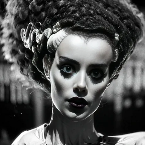 /imagine prompt: bride of frankenstein llustration for a sticker with a black background, in bold outline style, jagged edges, trashcore, light shading --v 5.2