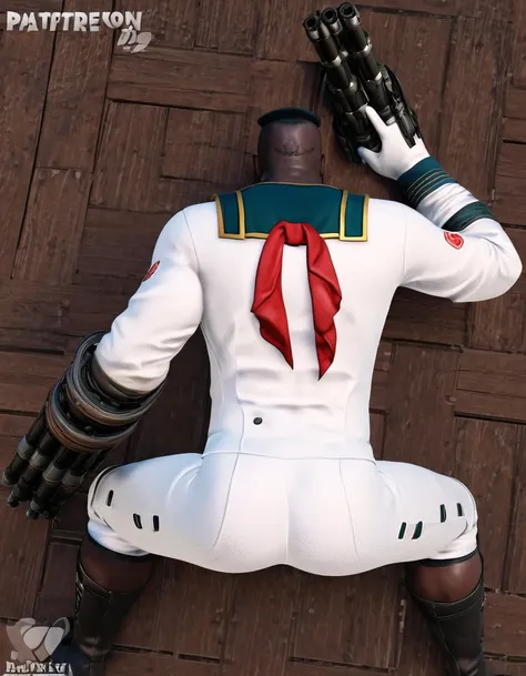 barret, dark skin male with gun arm and tattoo, sunglasses , (sailor) , full body , black boots , backside , back side , laying spread legs