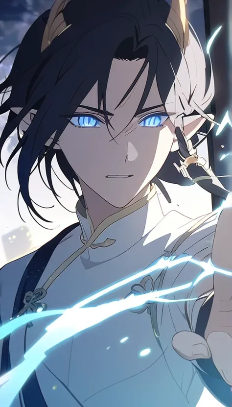 1man, elven ears, electric god, blue black hair, short messy hairstyle, glowing blue eyes, electric spark, priest, elegant thai clothes,