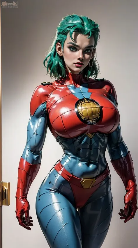 (((female captain planet))), design sheet, captain planet, colored skin, green hair, masterpiece, slendered abs ,muscular, veins...