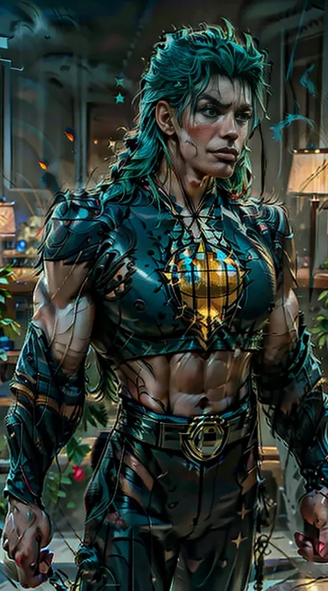 (((female captain planet))), design sheet, captain planet, colored skin, green hair, masterpiece, slendered abs ,muscular, veins...