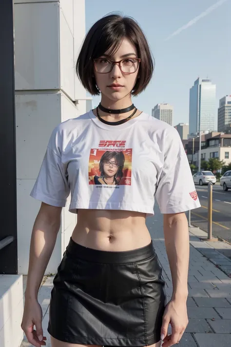 RGShiki, short hair, glasses, skirt,  super powerful, pink eyes, midriff, riding boots, white socks, toned arms, toned abs, tall and sexy, powerful, superb face, perfect body, tall, happy, smug, large chest, choker collar, 20yo, toned abs, evil smirk