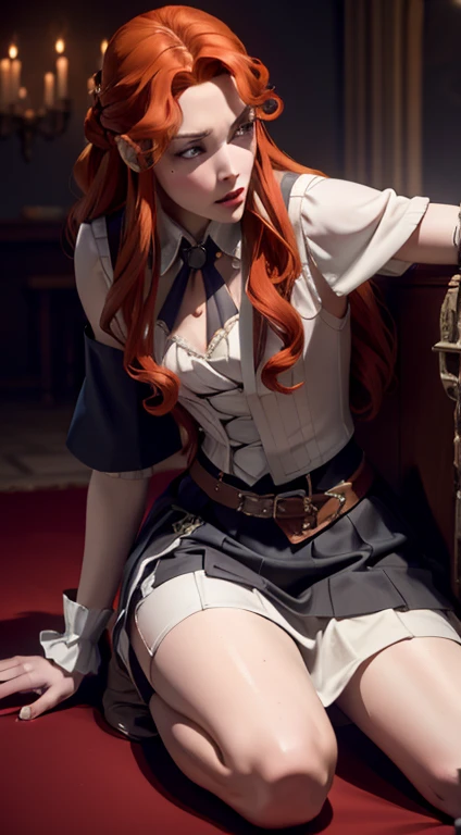 ((photo by full body)), ((photo realist)), 1 girl, (waistcoat: 1.2), 8K, high resolution, finely detailed skin, lingerie, Lenore de Castlevania, vampyre, Red hair, overskirt, toned legs, jumping, dominant, Low angle, upoverskirt, athletic, skinny, toned, s...