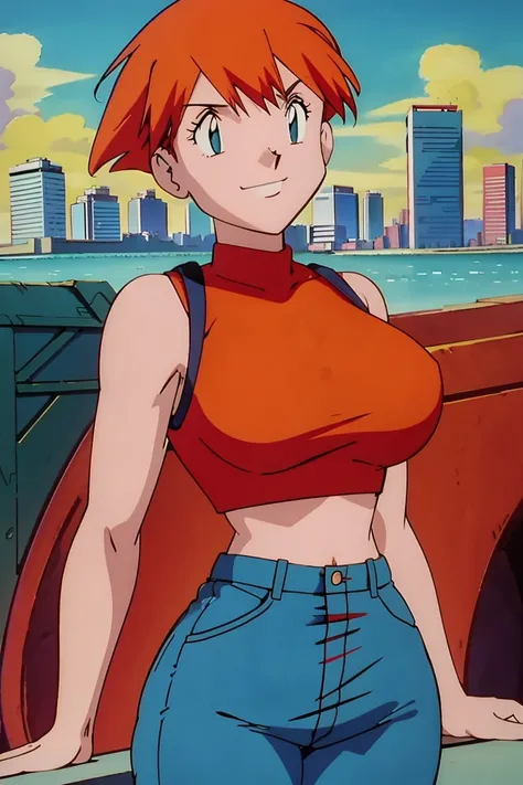 red-haired superwoman posing in front of a city skyline, perfect body, highly detailed giantess shot, sfw large breasts, giantess art, big breasts!!, covered sfw huge breasts, short hair, smug smile