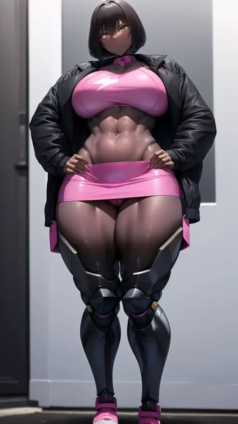 E girl cut hair Bob color pink jacket open mini skirt (((mecha legs Master piece Ultra Quality))), stand pose head on full body , (tall, muscular:1.3), (dark skin, perfect skin:1.8), (medium breasts:1.3),Grt2c