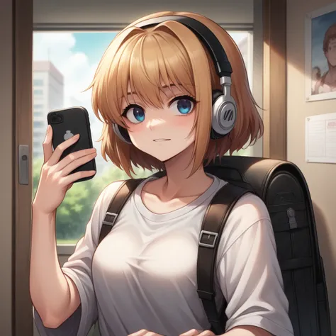 anime girl with headphones and backpack looking at a cell phone, anime style 4 k, alice x. zhang, digital anime art, nightcore, ...