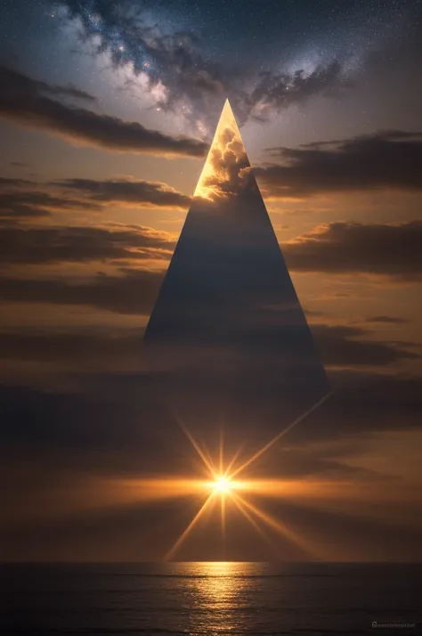 A sacred triangle glowing with ethereal light, suspended in a serene sky filled with majestic clouds. The scene contrasts light and darkness, with the triangle shining brightly against the deep, dark backdrop. The atmosphere is mysterious and divine, invok...