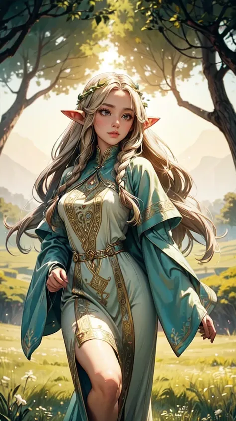 graceful elven girl standing in meadow, delicate face illuminated by the soft light of the setting sun. her long, flowing hair r...