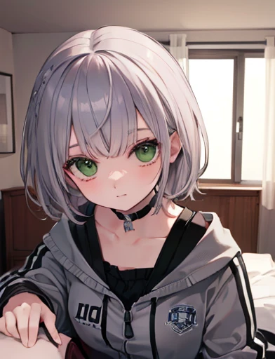 Highest quality, masterpiece, Ultra-high resolution, grey hair, short hair, green eyes, black letterman jacket, fasten jacket,on bed, black choker,