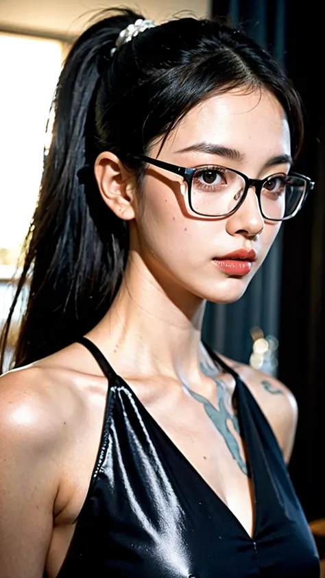 ((best quality)), ((masterpiece)), (detailed), perfect face, beautiful body, pretty face, teenager female, perfect body, Ultra-high detail, Photorealism, Intimate atmosphere, flowing light, black straight hair, ponytail, glasses, wear a satin sharee, 