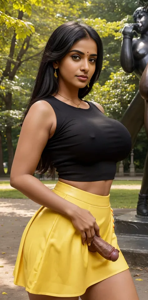 A photorealistic portrait of a 30-year-old Indian woman with big-sized breasts, wearing black top and yellow mini skater skirt, ,She giving very adult seductive poses in park behind naked man big cock statue (dick statue), ((big cock statue in park)),captu...