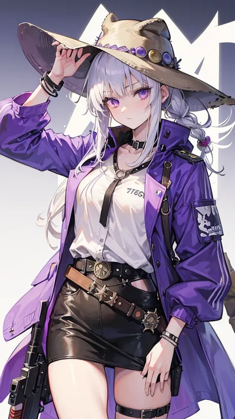 Female, White hair, purple eyes, cool, 160 cm, 18 years, 44 Magnum Revolver, Gunslinger Outfit, Turtles Rusty bracelet, Cowboy Hat 1, Tomboy, wasteland