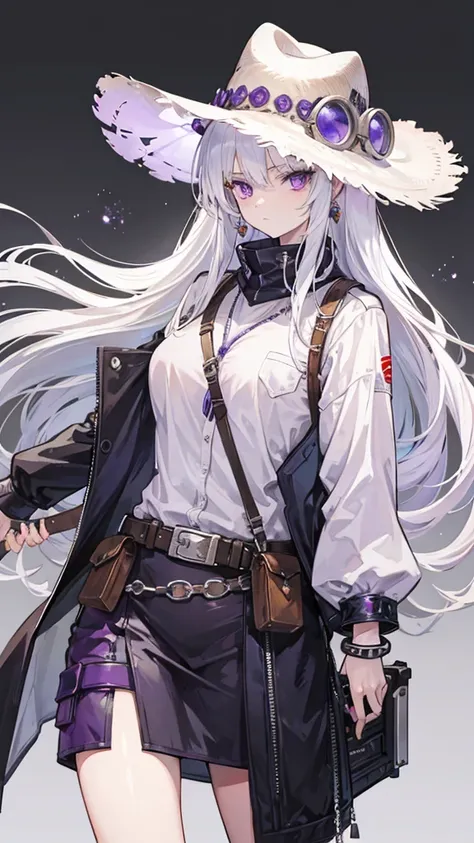 Female, White hair, purple eyes, cool, 160 cm, 18 years, 44 Magnum Revolver, Gunslinger Outfit, Turtles Rusty bracelet, Cowboy Hat 1, Tomboy, wasteland