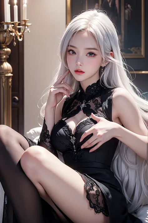 ((masterpiece:1.5,Highest quality,Highly detailed images,Beautiful images、Realistic、Photorealistic、2.5D))(1girl, 独奏)(medium breasts, white hair, black eyes, Healthy legs、Tight ass、Beautiful cleavage)(Fantasy dresses、Fantasy Clothes、Battle Dress from Anothe...