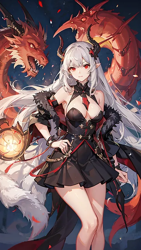 1 girl, black fur, Red eyes, with suit and skirt, Red Dragon, big breasts