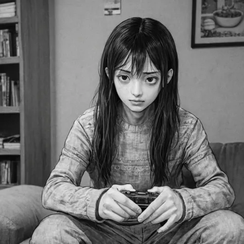 playing video games, (anime), bizarre scenario, This is Junji, Yusuke Murata, black and white, 8K, anime, horror