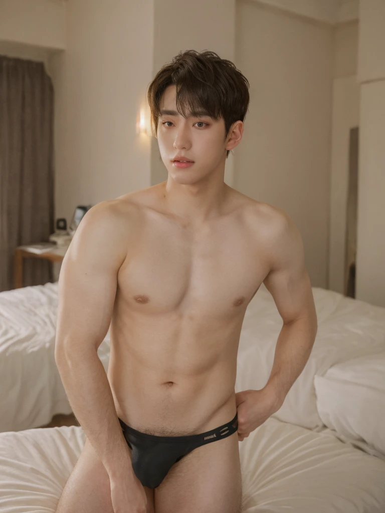 full body, two boy, embrace, Boyfriend, 25 y.o, handsome, bang hairstyle, semi-caucasian face, handsome, strong, comma hair, topless, white jockstrap or g-string, summer, on the bed in the bedroom, 