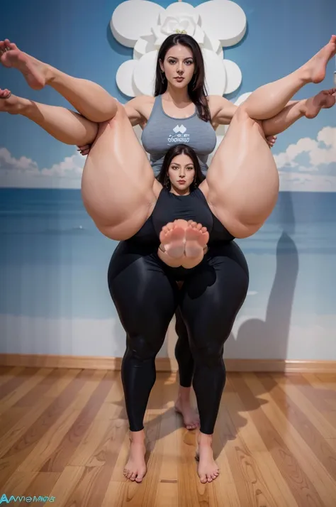 Angela white in yoga attire fully clothed in yoga pants , Thick muscular legs,Conjoined legs, waist to waist no torso, four legs, many legs connected to body,human legs, sexy legs ands feet,full body