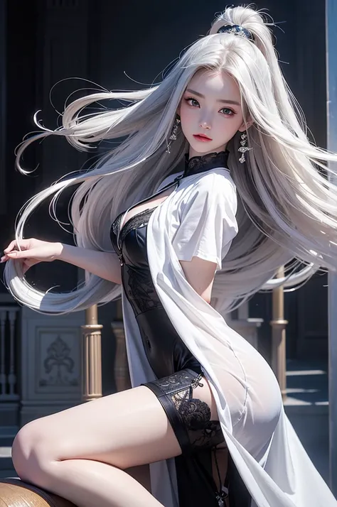 ((masterpiece:1.5,Highest quality,Highly detailed images,Beautiful images、Realistic、Photorealistic、2.5D))(1girl, 独奏)(medium breasts, white hair, black eyes, Healthy legs、Tight ass、Beautiful cleavage)(Fantasy dresses、Fantasy Clothes、Battle Dress from Anothe...