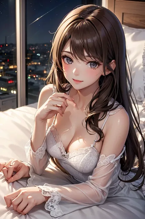 (Best Quality,High resolution,8K,finelity detailed background,Masterpiece:1.2),beautiful girl,Shiny brown hair,messy hair,Brown eyes,Gentle look,A refreshing look,Best quality,Best Quality,Aesthetic and aesthetic:1.2,Best details((Super detailed))(High-def...