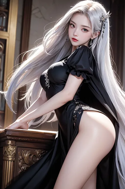 ((masterpiece:1.5,Highest quality,Highly detailed images,Beautiful images、Realistic、Photorealistic、2.5D))(1girl, 独奏)(medium breasts, white hair, black eyes, Healthy legs、Tight ass、Beautiful cleavage)(Fantasy dresses、Fantasy Clothes、Battle Dress from Anothe...