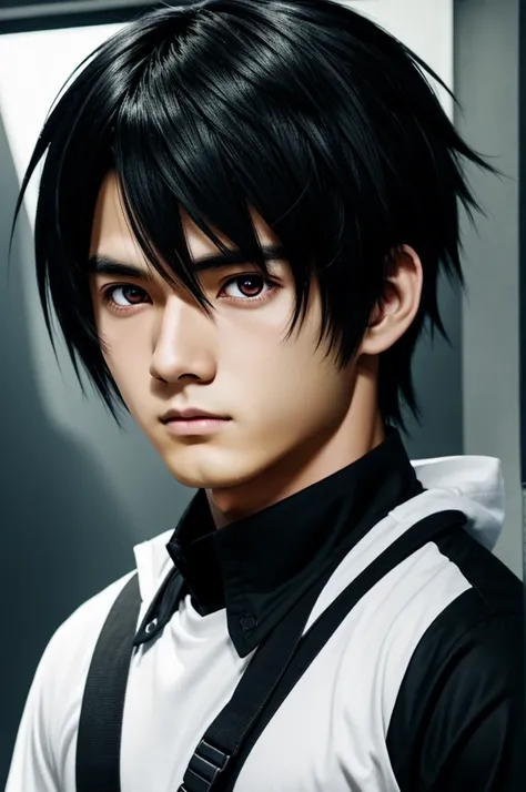 A male anime character who is average 15 years old and has fluorescent red eyes, black hair.