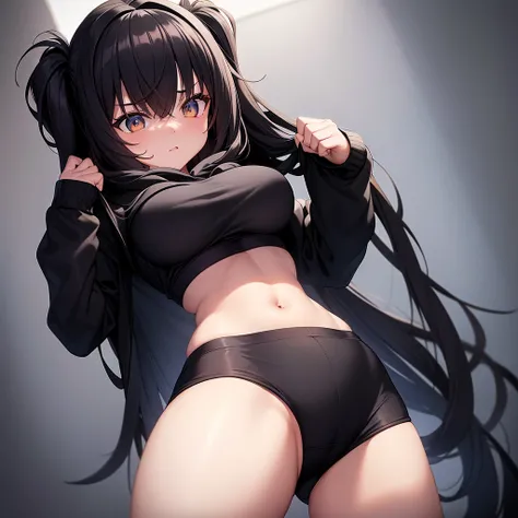 (black hoodie), (athletic shorts), (insane lighting), (wide hips and boobs), solo, 1girl, masterpiece, ultra high quality, very high definition, perfect generation, beautiful woman wearing a hoodie and shorts