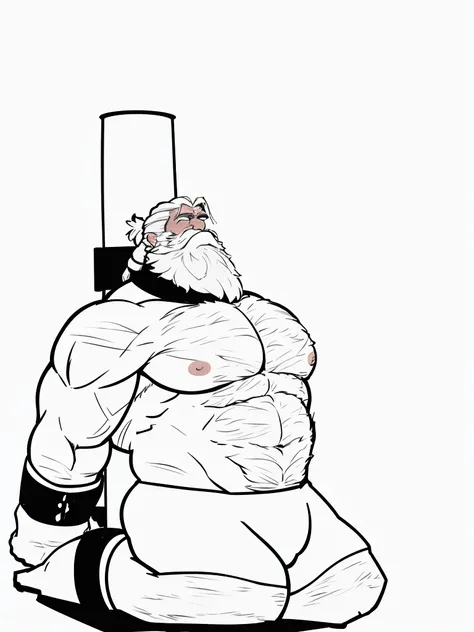 Solo, torso of white bearded shirtless topless old muscular man, his arms up, armpits, his hands chained over his head, gigachad muscular, longand fluffy beard, :: high detail, muscular!, super buff and cool, muscular! white, commission for high res, muscu...