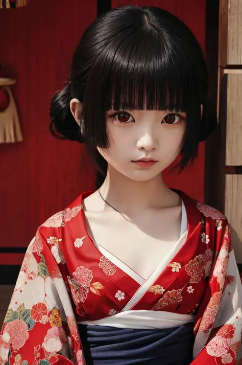 Highest quality、Masterpiece、Highest detail、Japanese Yokai、Red moonlight shrine、Bob-haired beautiful girl、A simple thin kimono with a red ruffled chest、Glare