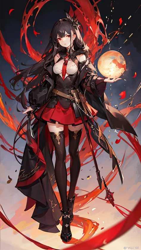 1 girl, black fur, Red eyes, suit and skirt, with a red sphere on the tip of his index finger and red whips coming out of that sphere