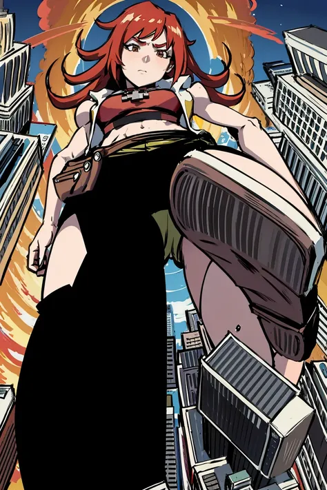 giantess art, tall and athletic girl,  long red hair, Super huge, Mini Length Skirt, very small metropolis, Trying to crush a miniature metropolis, Full body depiction, gts, giga giantess, giantess, stomping city, crash city, tiny city, micro city,