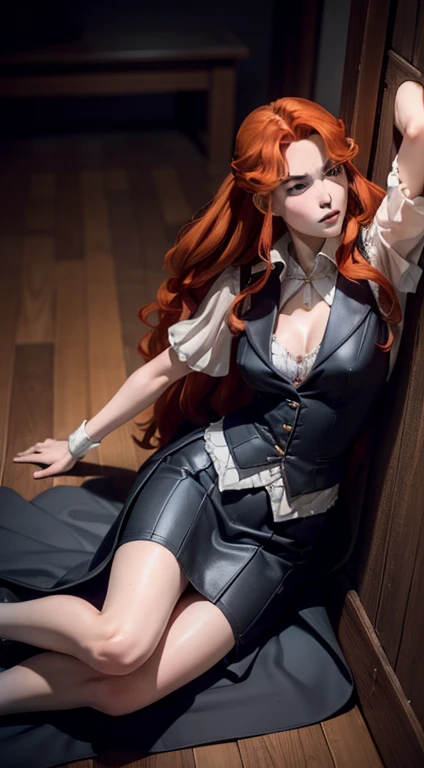 ((photo by full body)), ((photo realist)), 1 girl, (waistcoat: 1.2), 8K, high resolution, finely detailed skin, lingerie, Lenore de Castlevania, vampyre, Red hair, overskirt, toned legs, jumping, dominant, Low angle, upoverskirt, athletic, skinny, toned, s...