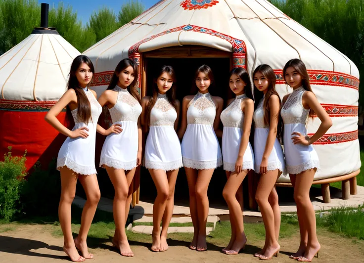 (best quality), (masterpiece), (detailed), (5 girl), (full body), five uzbekistan young women standing in front of mongolian yur...