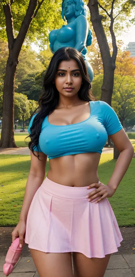 A photorealistic portrait of a 30-year-old Indian woman with big-sized breasts, wearing blue top and pink mini skater skirt,She giving very adult seductive poses in park behind naked man big cock statue (dick statue), ((big cock statue in park)),captured i...